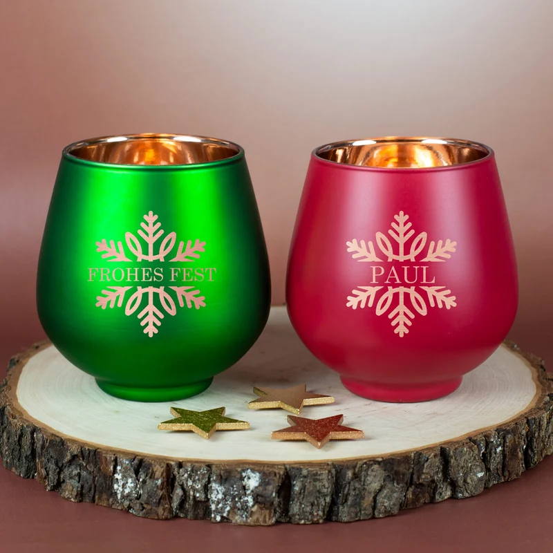 Personalisiertes Windlicht zu Weihnachten graviert mit Wunschtext & Schneeflocke in Rot oder Grün