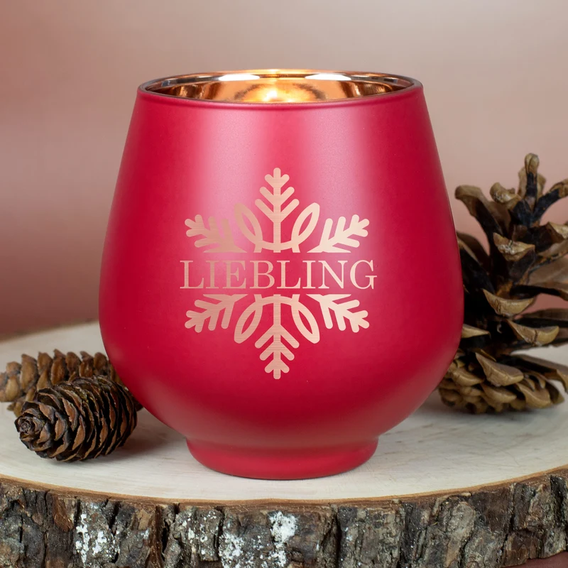 Personalisiertes Windlicht zu Weihnachten graviert mit Wunschtext & Schneeflocke in Rot oder Grün