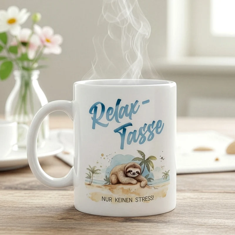 Relax-Tasse mit Faultier-Motiv und Spruch 'Nur keinen Stress!' | Geschenk für ABI & Schulabschluss
