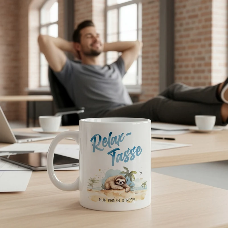 Relax-Tasse mit Faultier-Motiv und Spruch 'Nur keinen Stress!' | Geschenk für ABI & Schulabschluss
