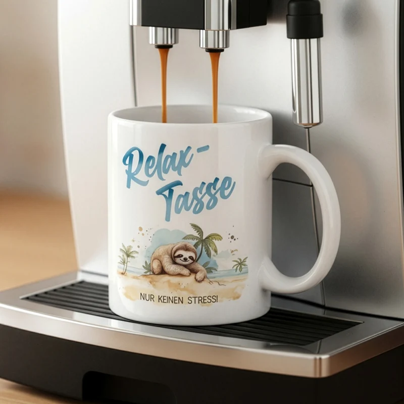 Relax-Tasse mit Faultier-Motiv und Spruch 'Nur keinen Stress!' | Geschenk für ABI & Schulabschluss