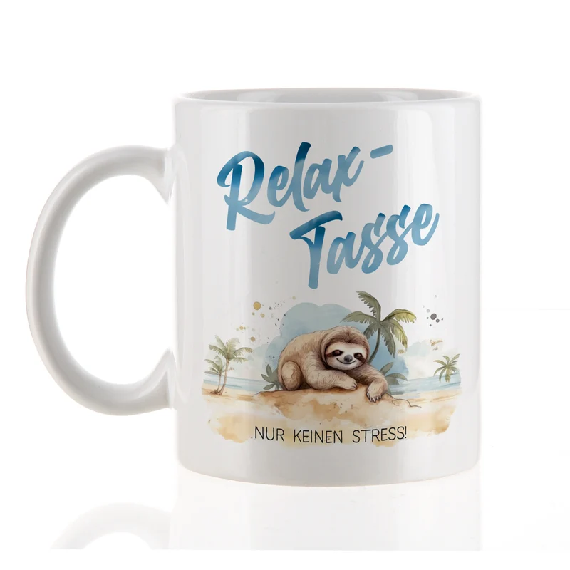 Relax-Tasse mit Faultier-Motiv und Spruch 'Nur keinen Stress!' | Geschenk für ABI & Schulabschluss