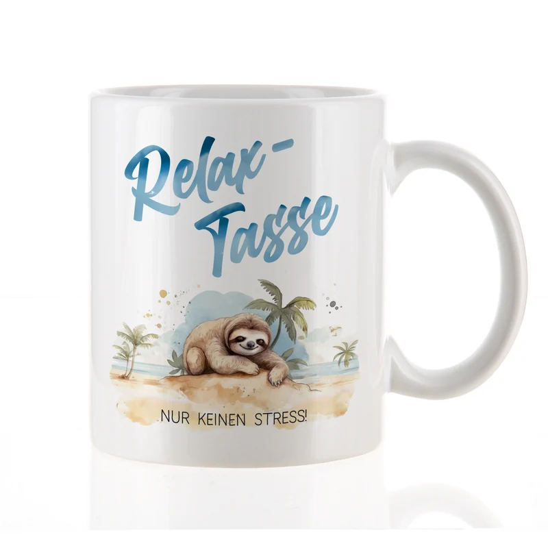 Relax-Tasse mit Faultier-Motiv und Spruch 'Nur keinen Stress!' | Geschenk für ABI & Schulabschluss