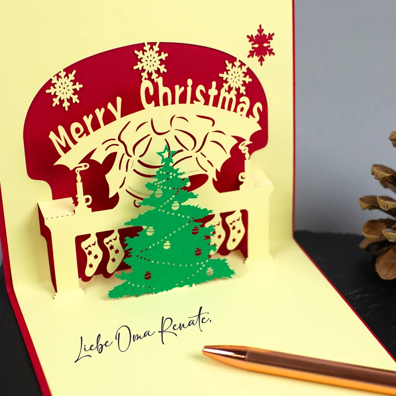3D Weihnachts-Grußkarten mit aufklappbarem Scherenschnitt-Motiv
