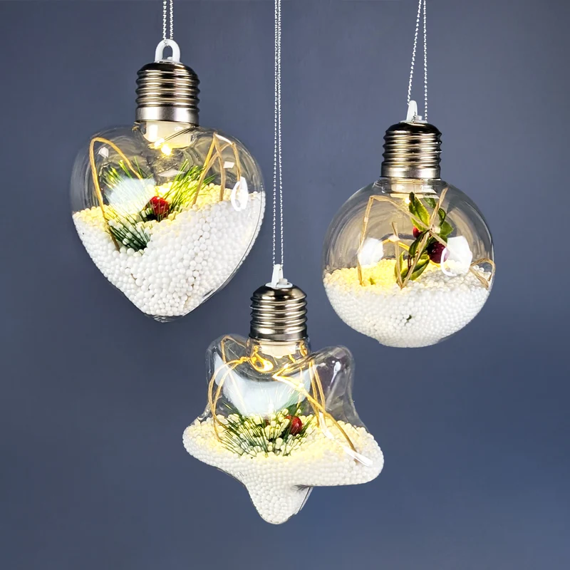 LED Weihnachtskugeln mit Schnee und Zweig in 3 Formen