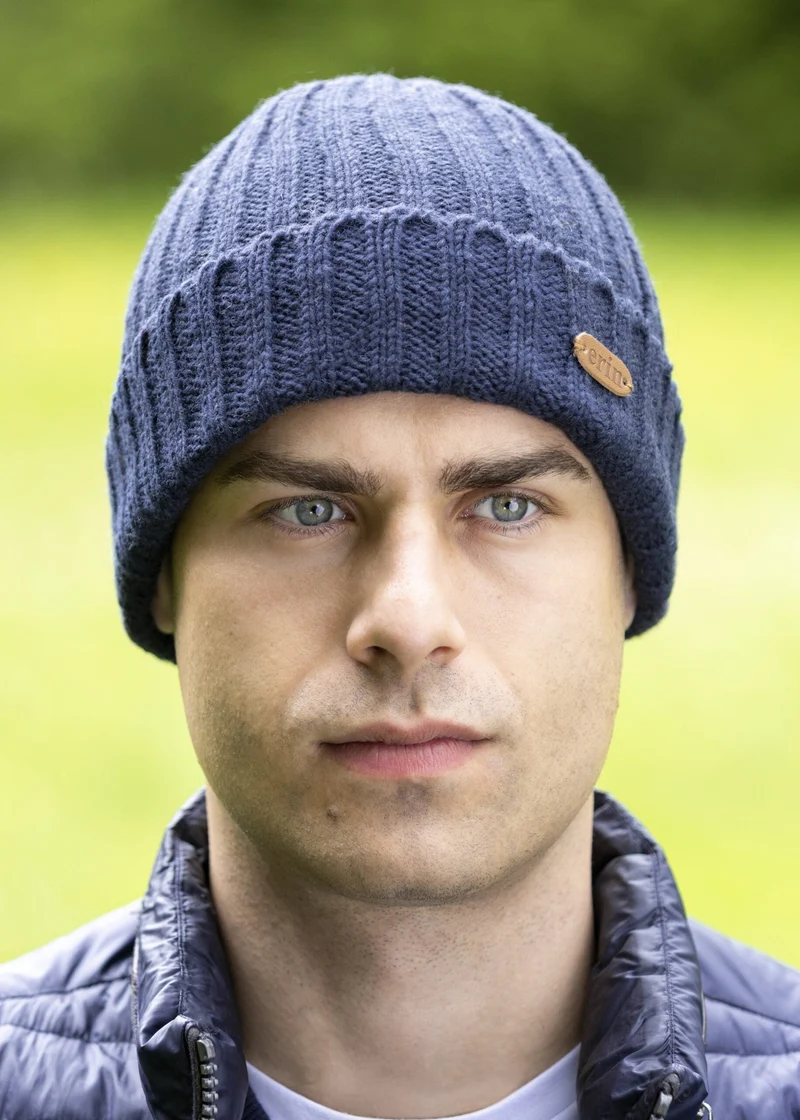 Erin Irish Wool Rib Knit Hat with Fleece Lining | Navy