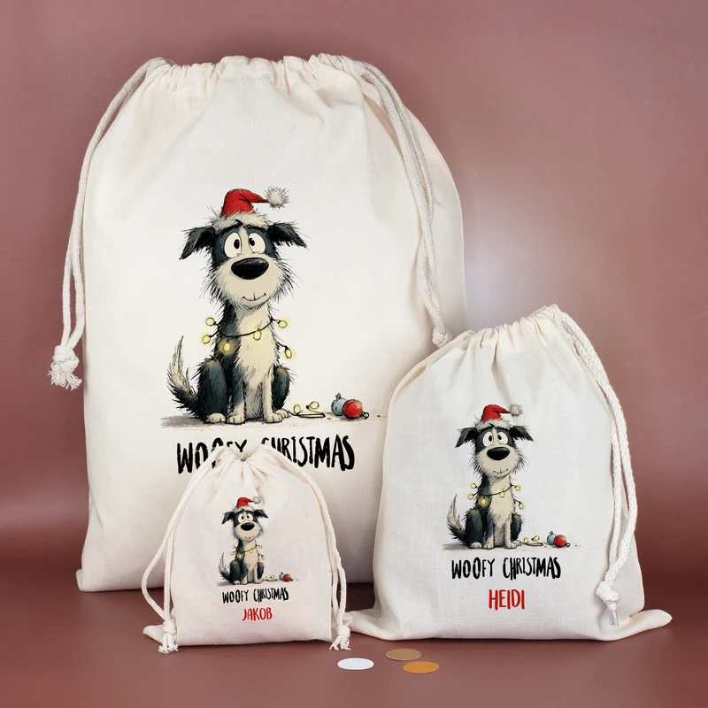 Personalisierter Geschenksack zu Weihnachten mit Name | 3 Größen | Hunde-Motiv