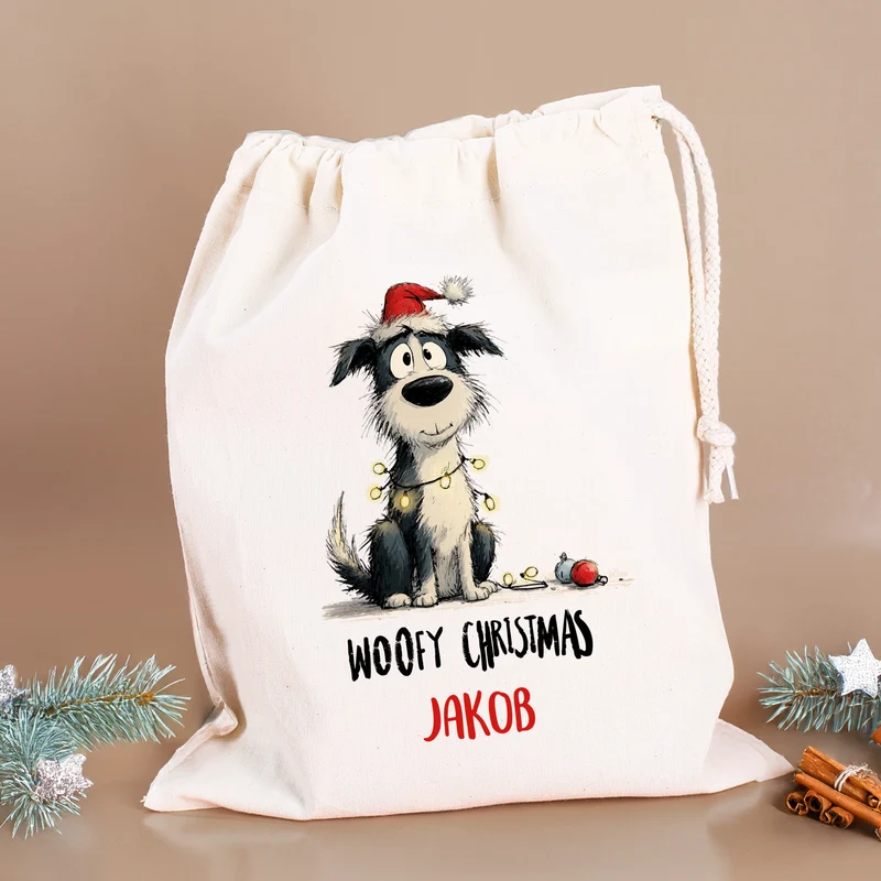 Personalisierter Geschenksack zu Weihnachten mit Name | 3 Größen | Hunde-Motiv