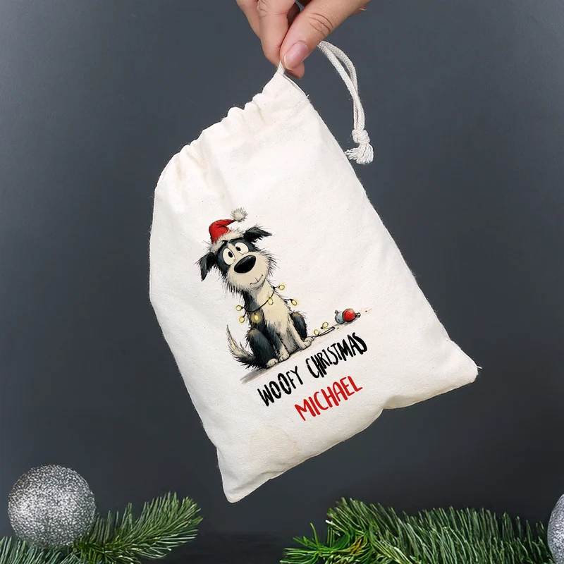 Personalisierter Geschenksack zu Weihnachten mit Name | 3 Größen | Hunde-Motiv