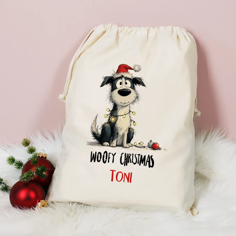 Personalisierter Geschenksack zu Weihnachten mit Name | 3 Größen | Hunde-Motiv