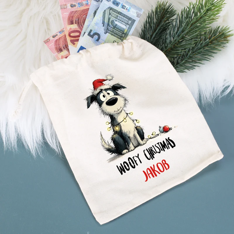 Personalisierter Geschenksack zu Weihnachten mit Name | 3 Größen | Hunde-Motiv