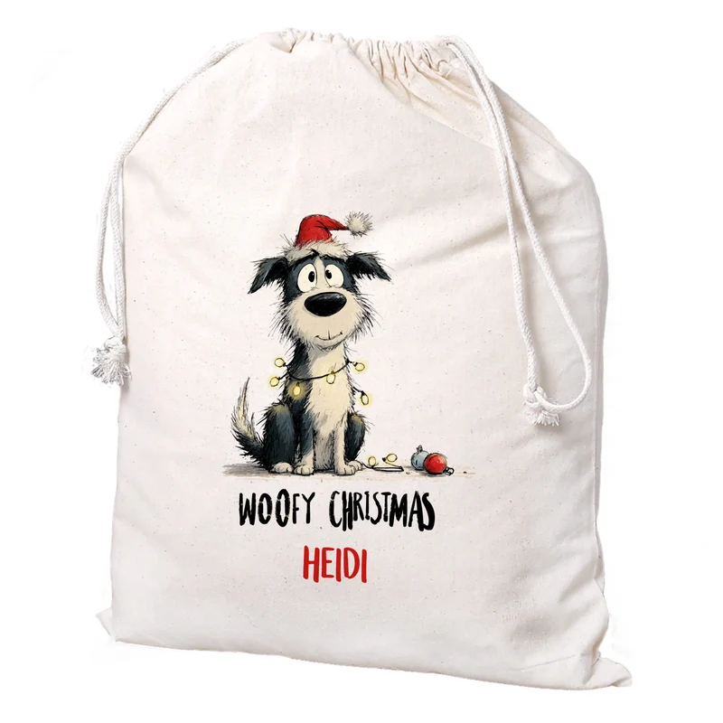 Personalisierter Geschenksack zu Weihnachten mit Name | 3 Größen | Hunde-Motiv