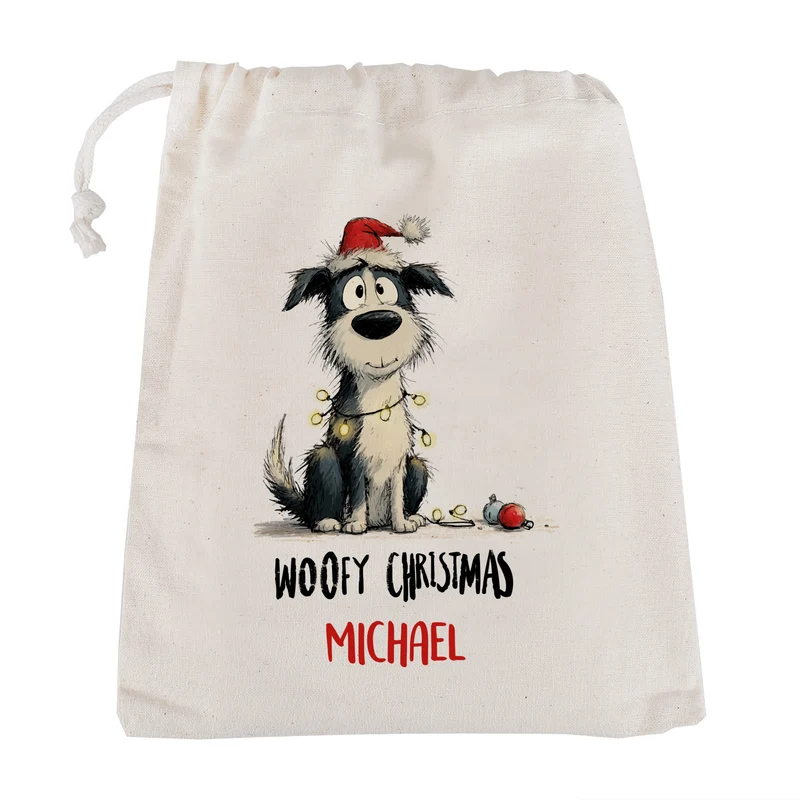 Personalisierter Geschenksack zu Weihnachten mit Name | 3 Größen | Hunde-Motiv