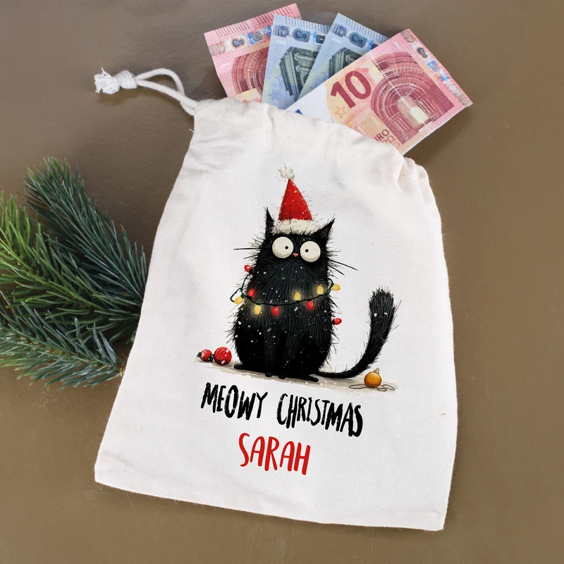 Geschenksack zu Weihnachten personalisiert mit Name | Katzen-Motiv | 3 Größen