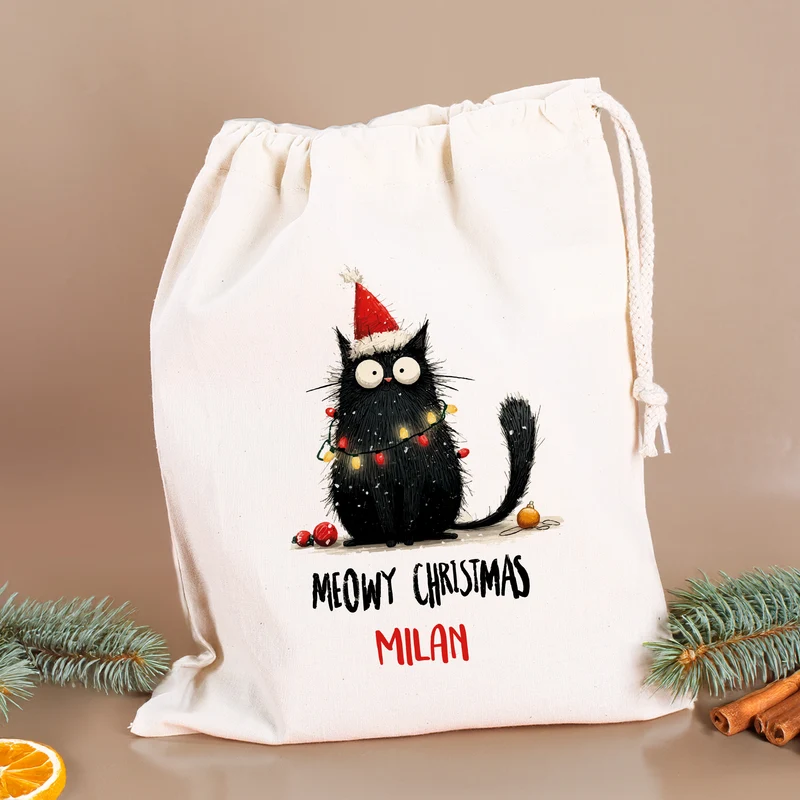 Geschenksack zu Weihnachten personalisiert mit Name | Katzen-Motiv | 3 Größen
