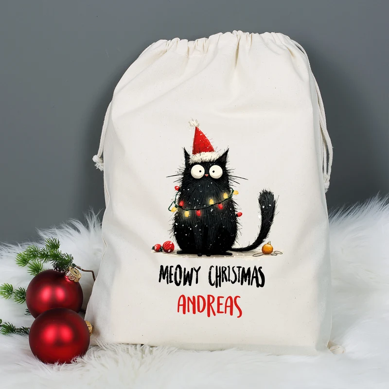 Geschenksack zu Weihnachten personalisiert mit Name | Katzen-Motiv | 3 Größen