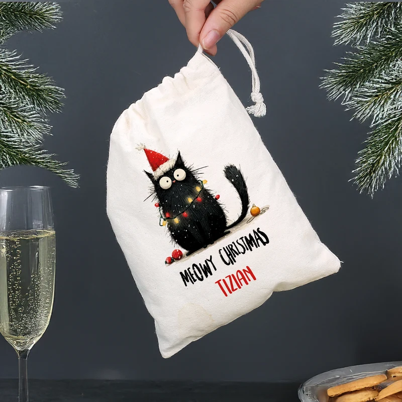 Geschenksack zu Weihnachten personalisiert mit Name | Katzen-Motiv | 3 Größen