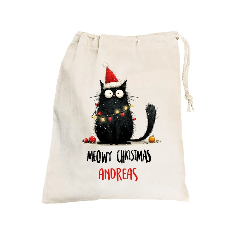 Geschenksack zu Weihnachten personalisiert mit Name | Katzen-Motiv | 3 Größen