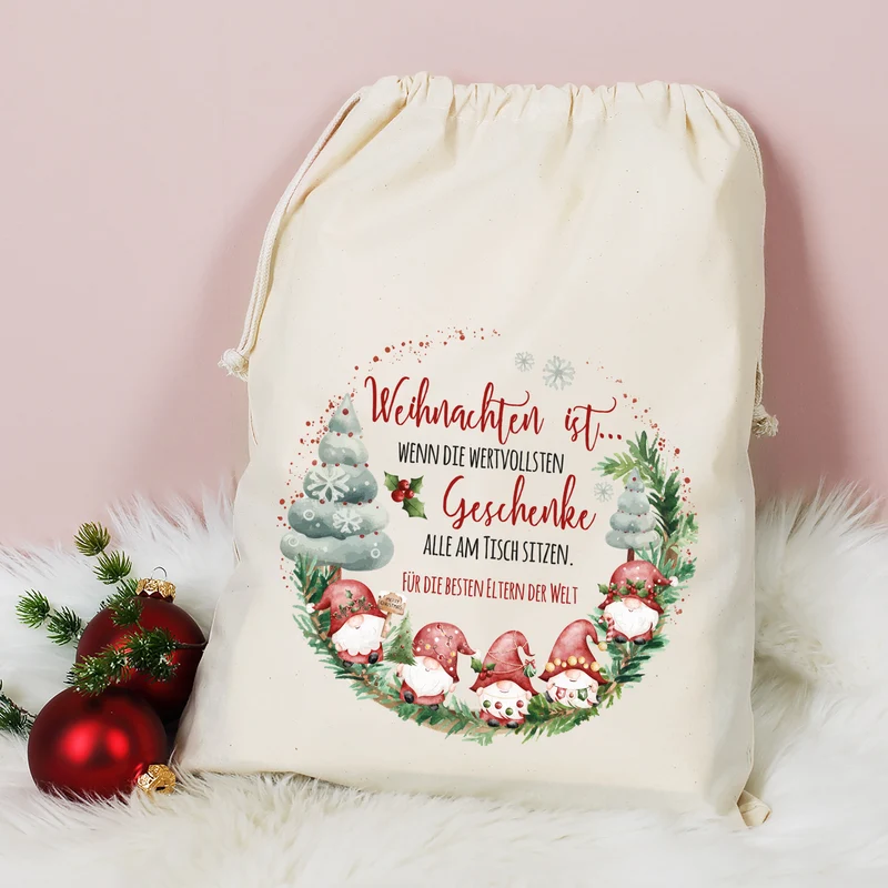 Personalisierter Geschenksack zu Weihnachten mit Wichtelmotiv | Geschenkverpackung in 3 Größen