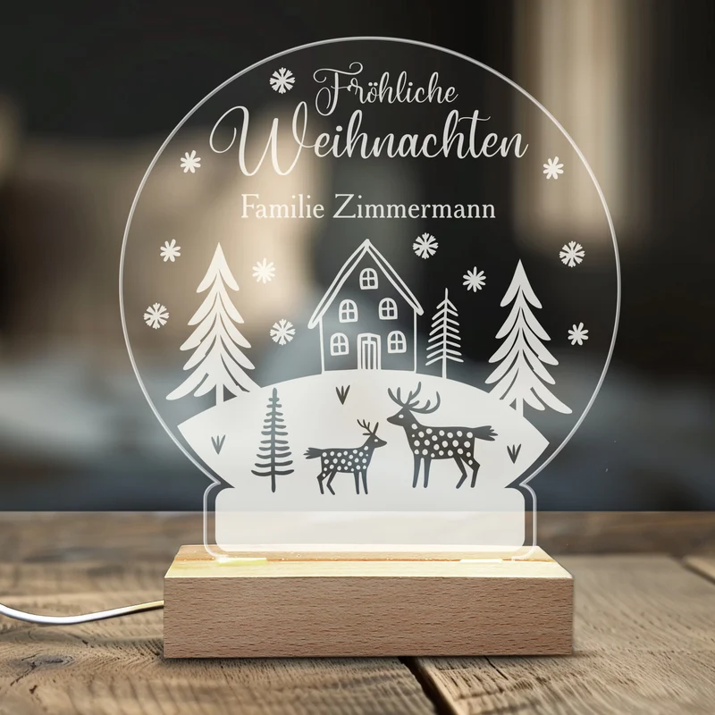 LED Licht personalisiert mit Wunschtext und Acrylglas in Schneekugelform | Geschenk zu Weihnachten