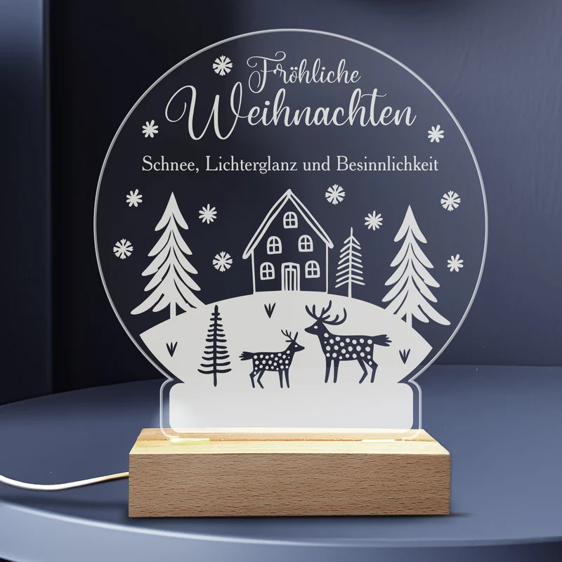 LED Licht personalisiert mit Wunschtext und Acrylglas in Schneekugelform | Geschenk zu Weihnachten