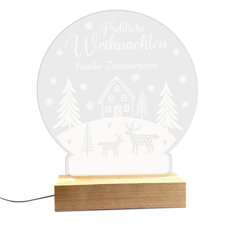 LED Licht personalisiert mit Wunschtext und Acrylglas in Schneekugelform | Geschenk zu Weihnachten