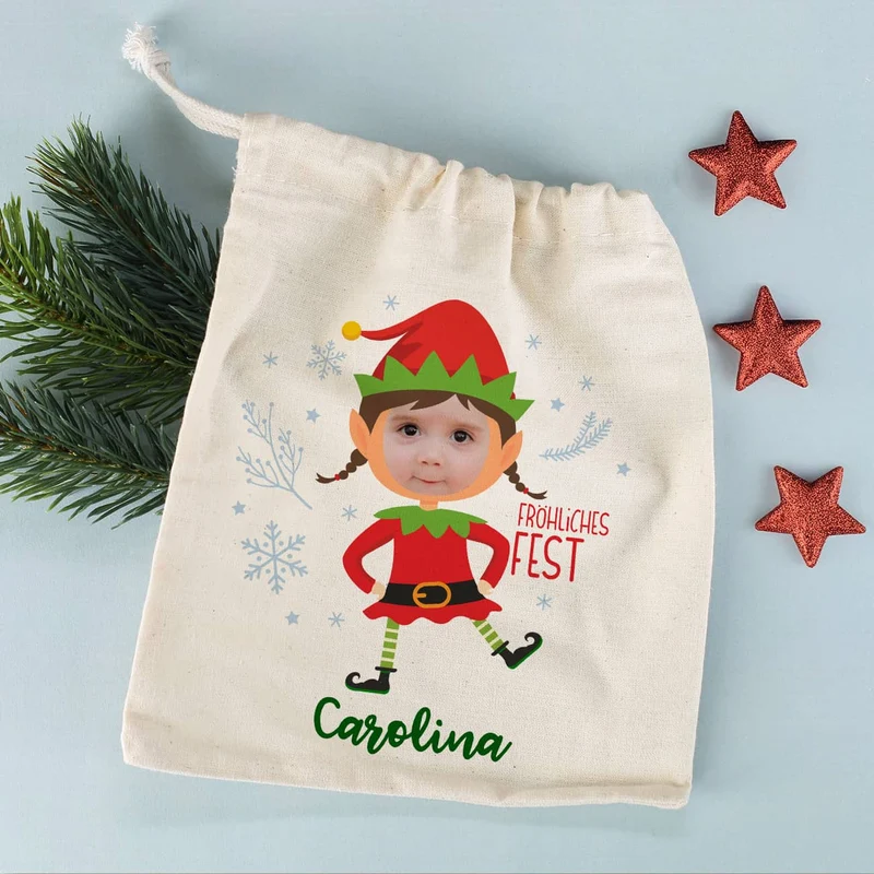 Kleiner Geschenksack mit Weihnachtsfigur, Foto & Name - 5 Motive wählbar
