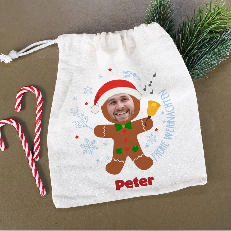 Kleiner Geschenksack mit Weihnachtsfigur, Foto & Name - 5 Motive wählbar