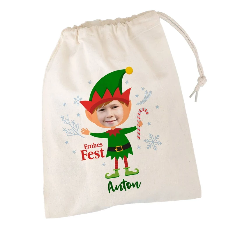 Kleiner Geschenksack mit Weihnachtsfigur, Foto & Name - 5 Motive wählbar