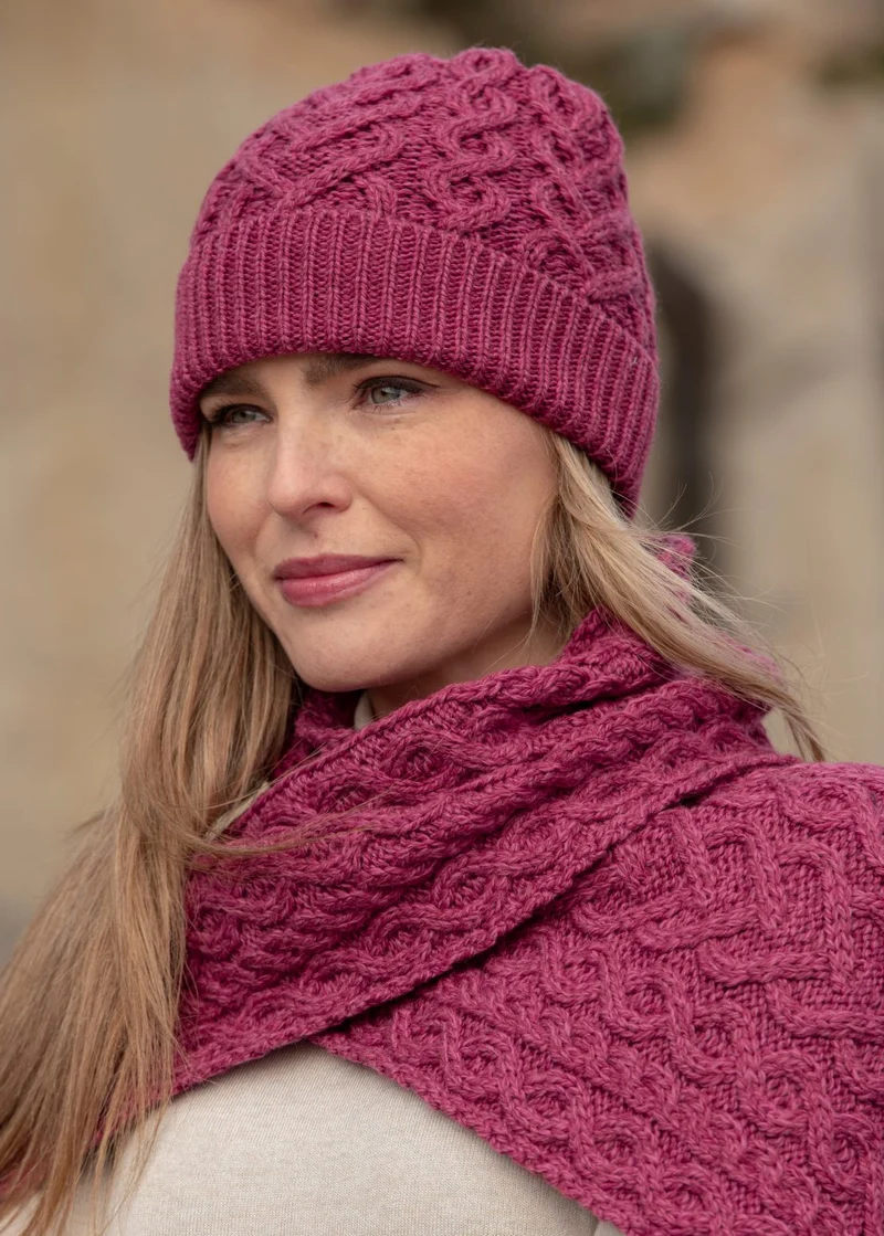 Aran Super Soft Heart Hat | Magenta Pink Merino Wool