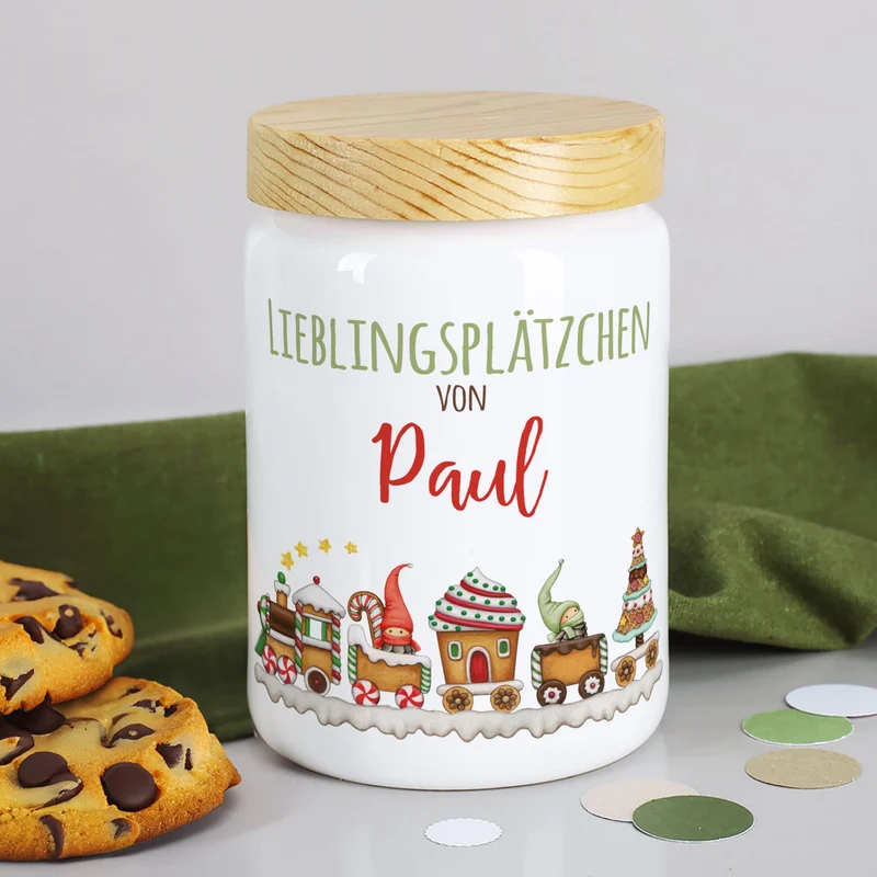 Keramikdose für Kinder - Lieblingsplätzchen - mit Wichtel Weihnachtszug und Name