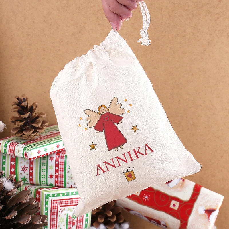 Geschenkverpackung - kleiner Baumwollsack mit Engel und Wunschname