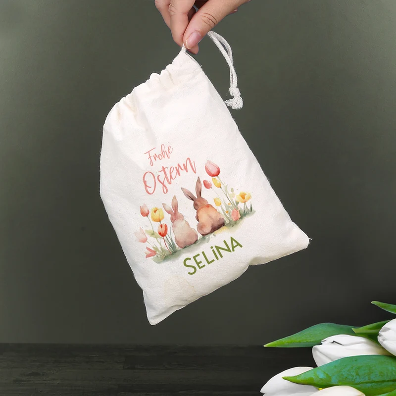 Kleines Ostersäckchen mit Hasen, Blumen und Name, 14x20 cm