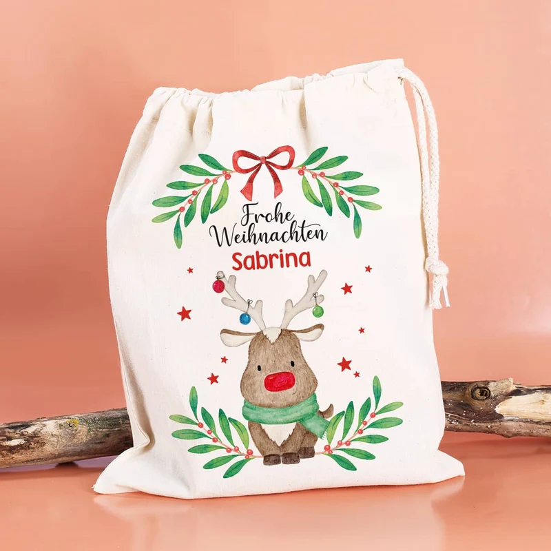 Geschenksack zu Weihnachten mit Rentiermotiv und Name