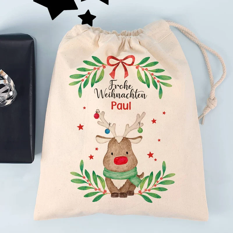 Geschenksack zu Weihnachten mit Rentiermotiv und Name