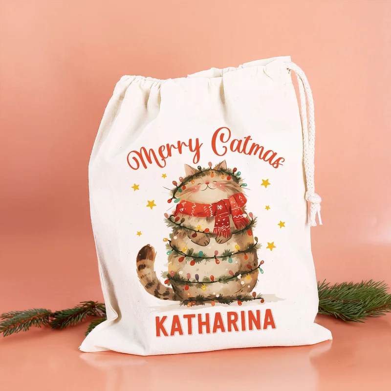 Merry Catmas - Geschenksack mit Katzenmotiv und Ihrem Wunschnamen