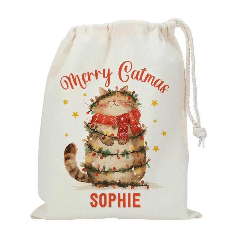 Merry Catmas - Geschenksack mit Katzenmotiv und Ihrem Wunschnamen