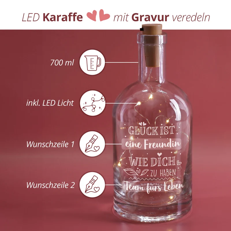 beleuchtete Karaffe mit Gravur - Glück ist