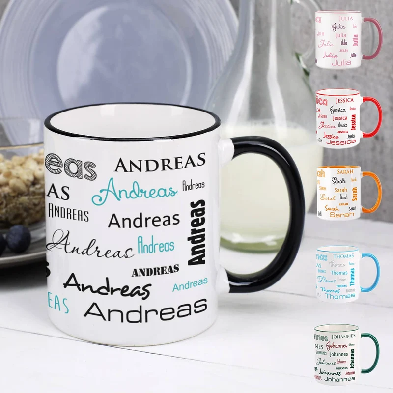 Tasse mit Ihrem Namen in verschiedenen Schriftarten und Farben