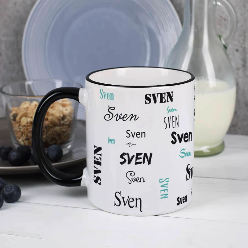 Tasse mit Ihrem Namen in verschiedenen Schriftarten und Farben