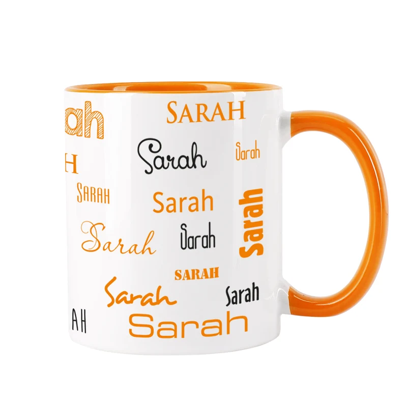 Tasse mit Ihrem Namen in verschiedenen Schriftarten und Farben