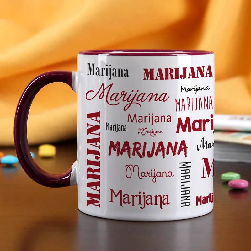 Tasse mit Ihrem Namen in verschiedenen Schriftarten und Farben