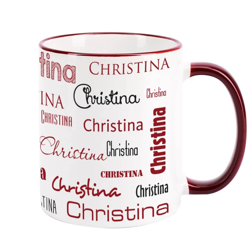 Tasse mit Ihrem Namen in verschiedenen Schriftarten und Farben