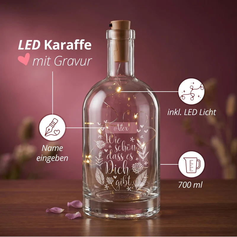 Wie schön, dass es Dich gibt. - LED Glaskaraffe mit Namensgravur