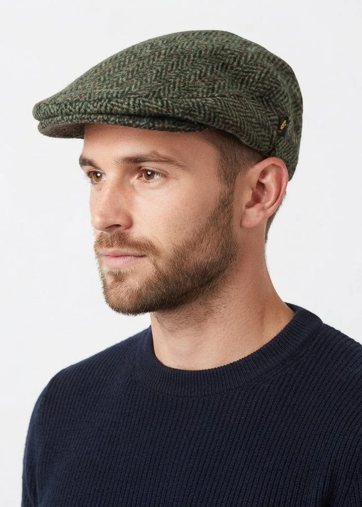 Donegal Tweed Flat Cap Green Herringbone | Handmade Irish Heritage Cap