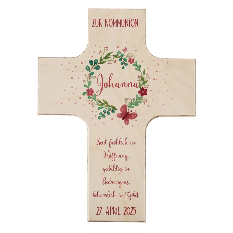 Holzkreuz mit Blütenkranz zur Taufe, Kommunion oder Konfirmation