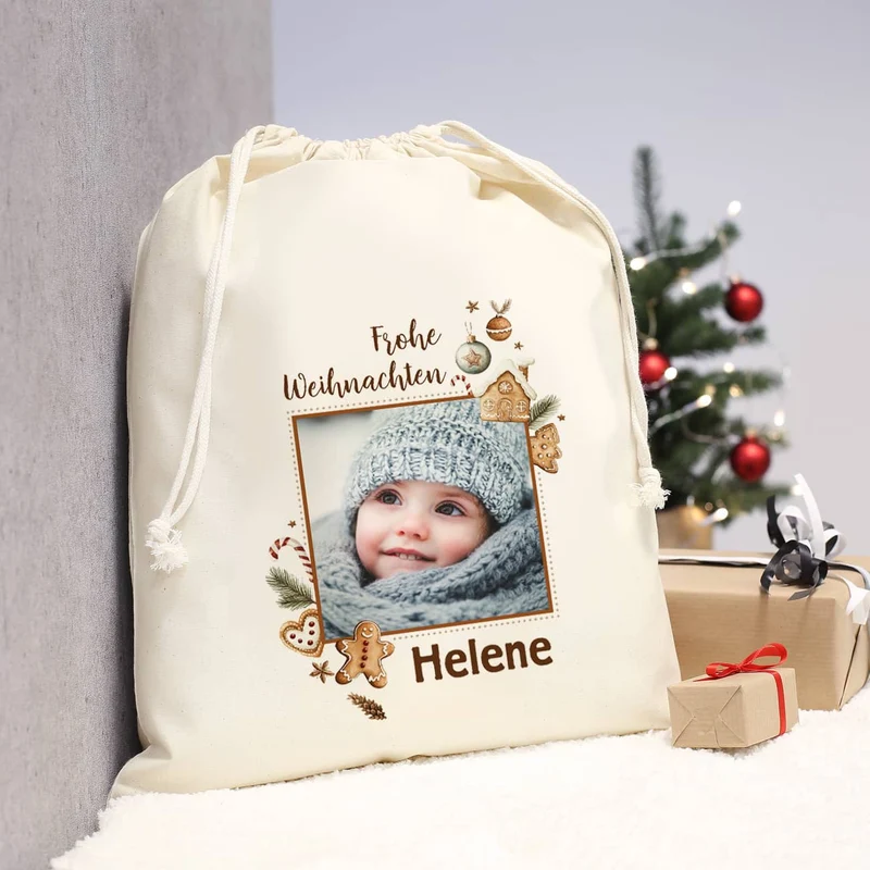 Großer Geschenksack mit Lebkuchen-Motiv & Foto, 40x50 cm