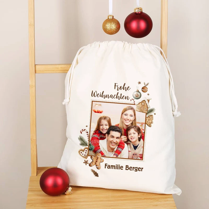 Großer Geschenksack mit Lebkuchen-Motiv & Foto, 40x50 cm