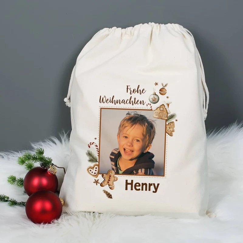 Großer Geschenksack mit Lebkuchen-Motiv & Foto, 40x50 cm