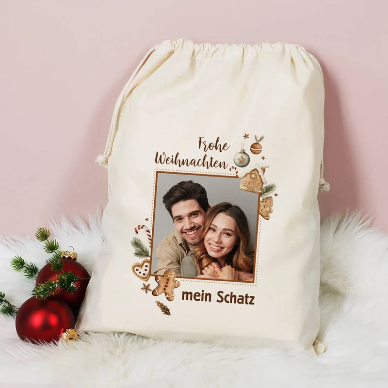 Großer Geschenksack mit Lebkuchen-Motiv & Foto, 40x50 cm